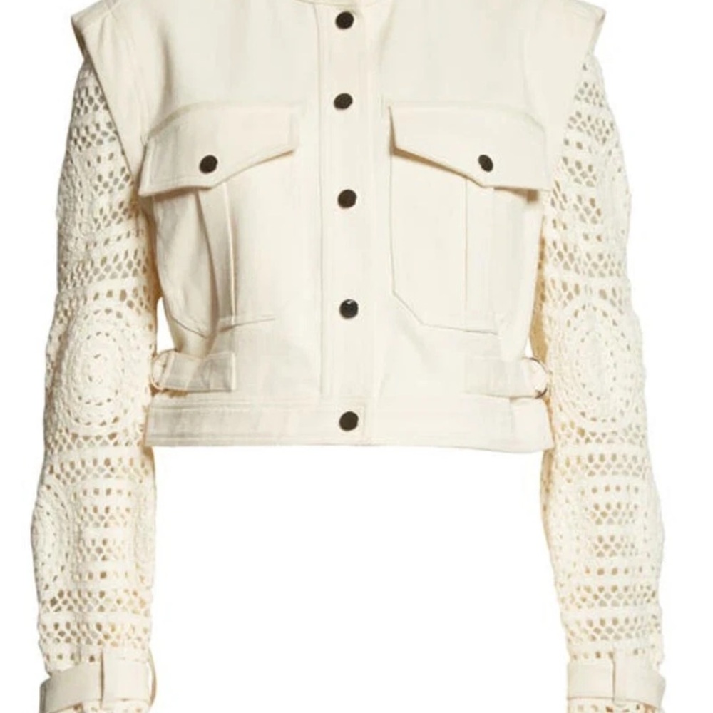 Veronica Beard Cream Utility Jacket with Lace Sleeves